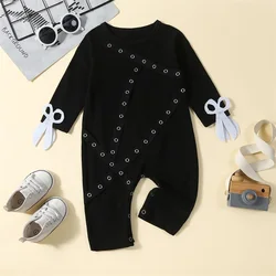 2023-07-21 Lioraitiin 0-3Years Toddler Baby Girls Boys Rompers Crew Neck Metal Hole Patchwork Scissor Decor Jumpsuit