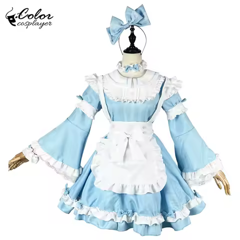 Color Cosplayer Sweet Lolita Women Blue Dress with Apron Maid Carnival Cosplay Costume Anime Outfit Coffee Servant Uniform