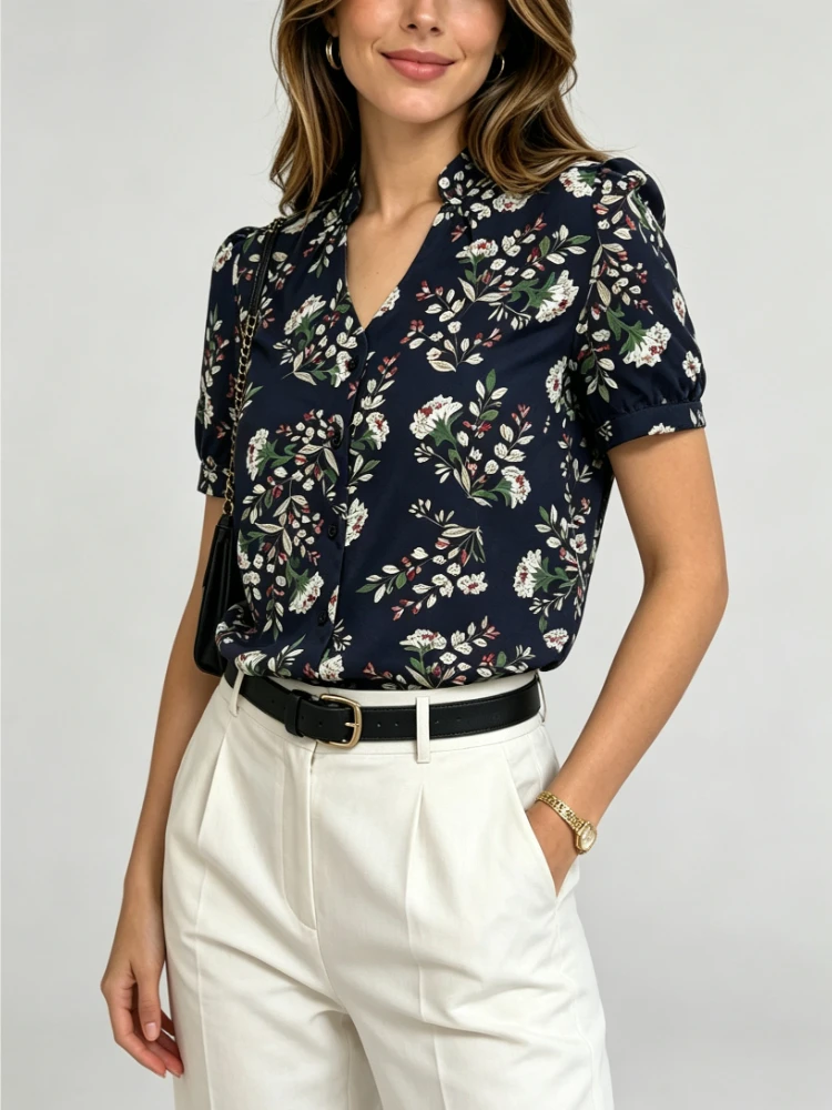 Vintage Chic New Spring Elegant Slim Fit Tops Summer Short Sleeve Floral Print V-neck T-shirts Casual Office Ladies Clothing