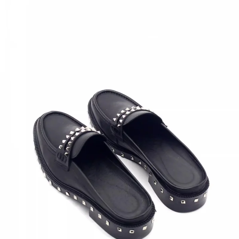 Men's slippers summer new rivet bag head genuine leather square heel mule men's shoes casual rivet large size small size flat sl
