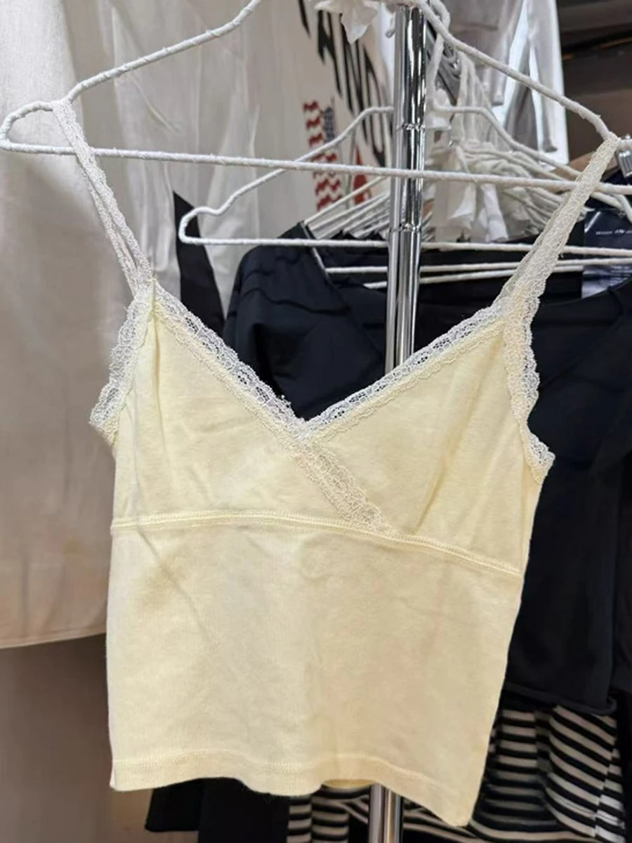 

Yellow Lace Trim Cotton Slim Tank Top Women Summer Sexy V Neck Sleeveless Cropped Tops Preppy Style Sweet Basic Camisole Y2k New