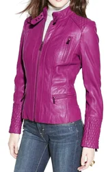 Chaqueta de piel auténtica para mujer, abrigo de motociclista de color rosa liso, 100%