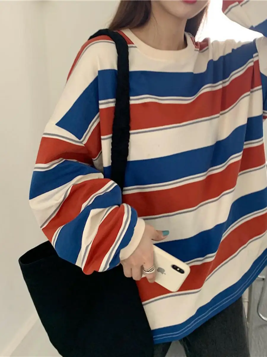 

Хлопковый свитшот женский свободный полосатый тонкий осенне-зимний новый корейский вариант Ins модный длинный топ средней длины све