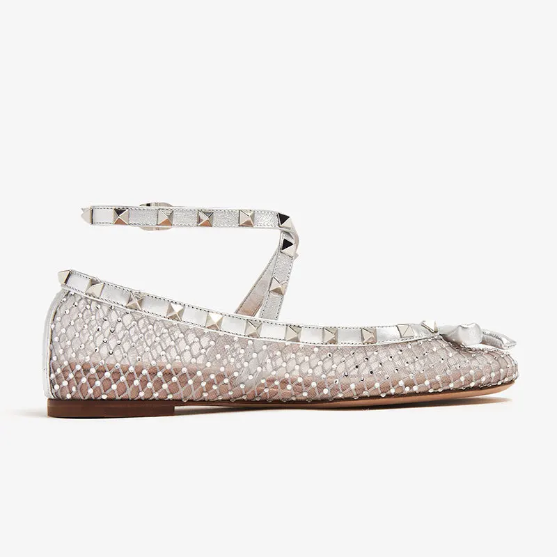 Catwalk Mesh Rhinestone Rivet One-Line Flats Large Size Round-Toed Ballet Sandals Soft-Soled Comfortable Large Size Women Shoes