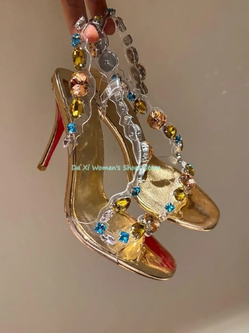Round Head Stiletto Sandals with Gemstone Embellishments, S-Strap, Transparent Accents