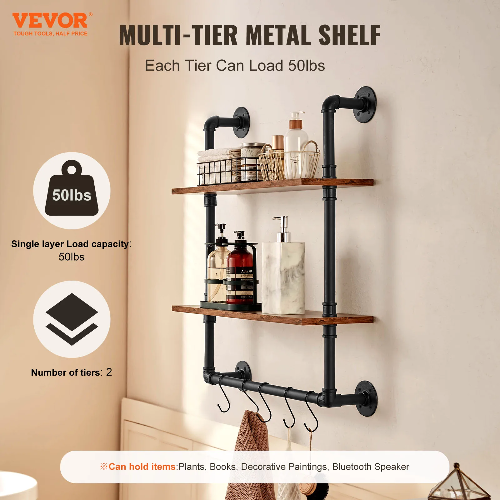 VEVOR Industrial Pipe Shelf Wall-Mount Floating Rustic Wood Shelves Bracket Storage Rack Sundries Holder for Kitchen Bedroom