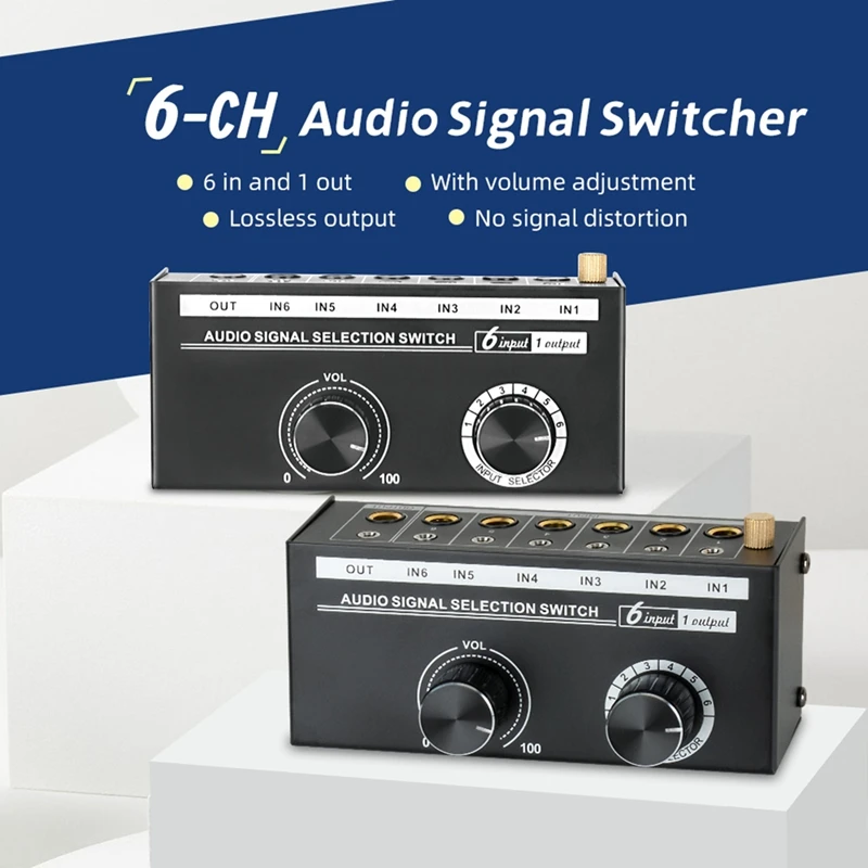 Audio Switcher -6-Way 3.5/6.35Mm Stereo Audio Switch - Signal Source Switcher Selector Splitter Box With Line Controller