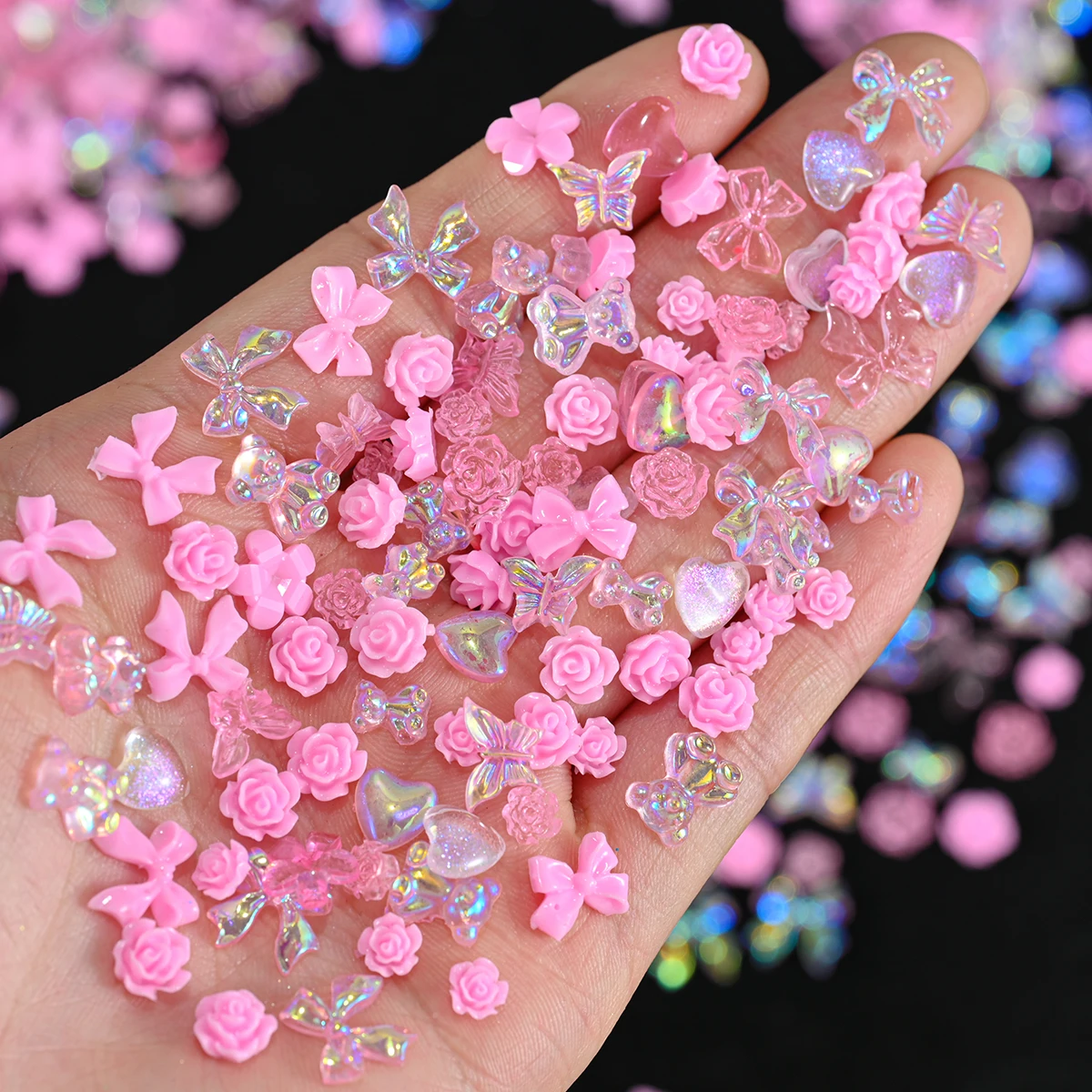 600Pcs/bag Kawaii Pink Resin Bow Mixed Nails Charm 3D  Acrylic Heart/Bow-knot/Star/Butterfly Cute Huge Capacity Nail Art Decorat