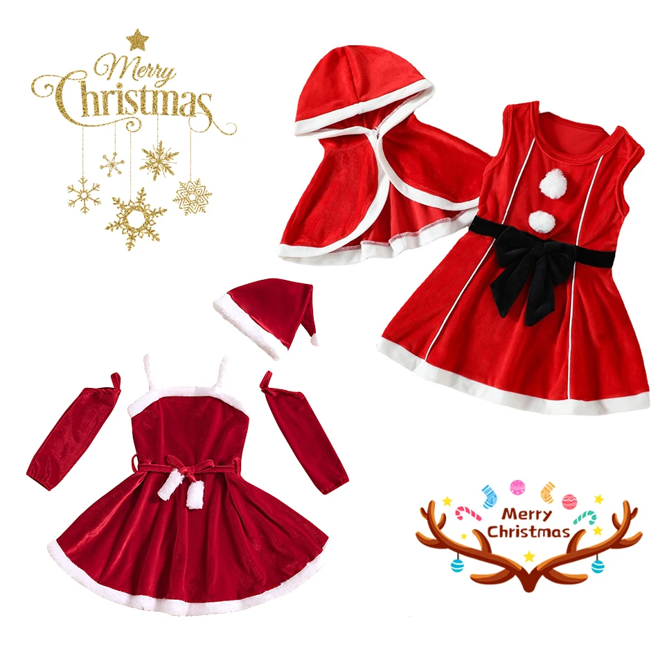 Girls Christmas Suit New Children Clothing Red Silver Fox Velvet Hooded Cloak Bow Sundress Santa Claus Cosplay Costune for Baby