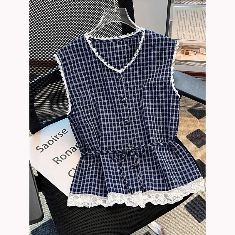 

Тонкая летняя кружевная отделка V-Ne в клетку, женская одежда с поясом и поясом, красивый маленький топ, свободный крой, повседневный ...