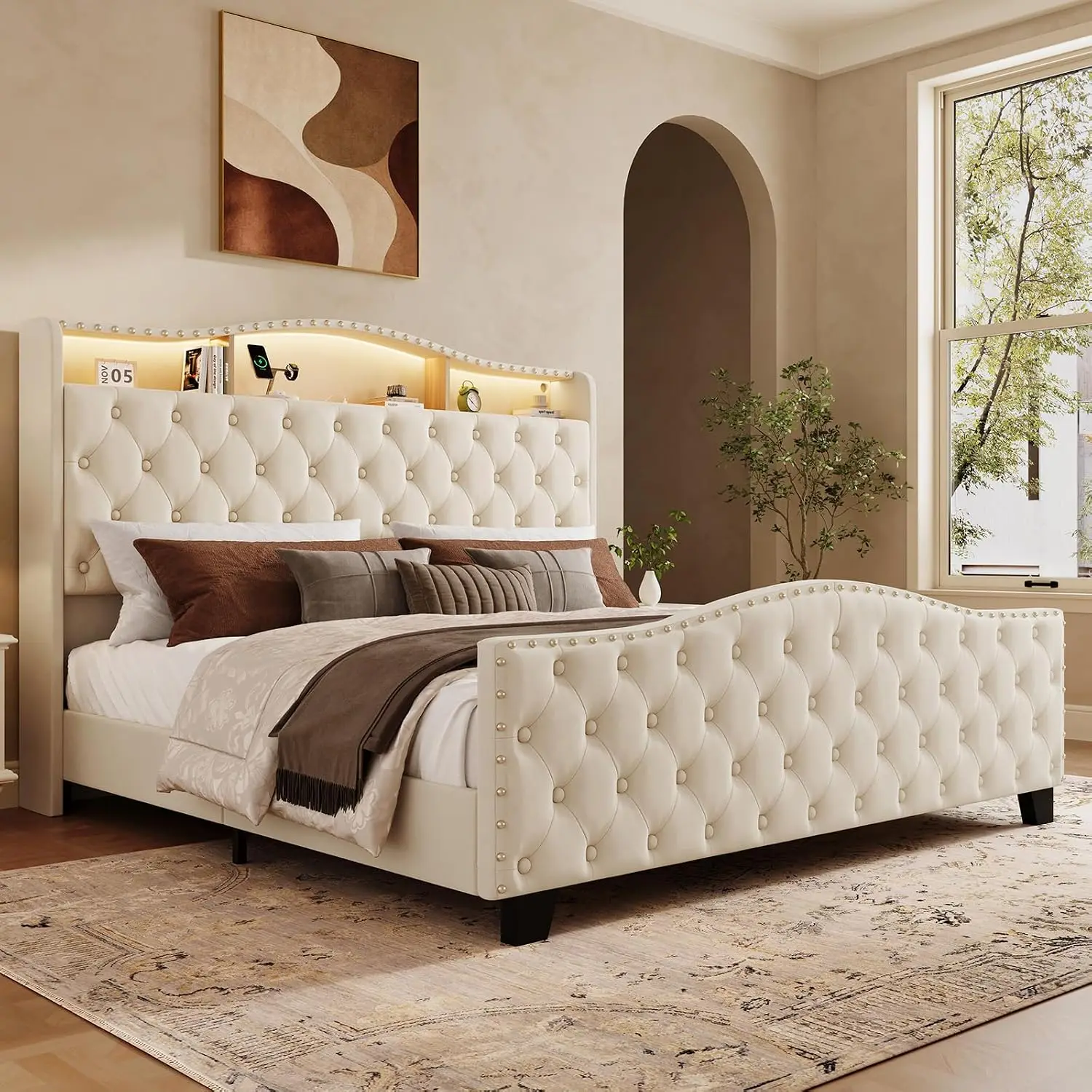 Upholstered King Bed Frame with LED Lights & USB Charger, Beige, Customized