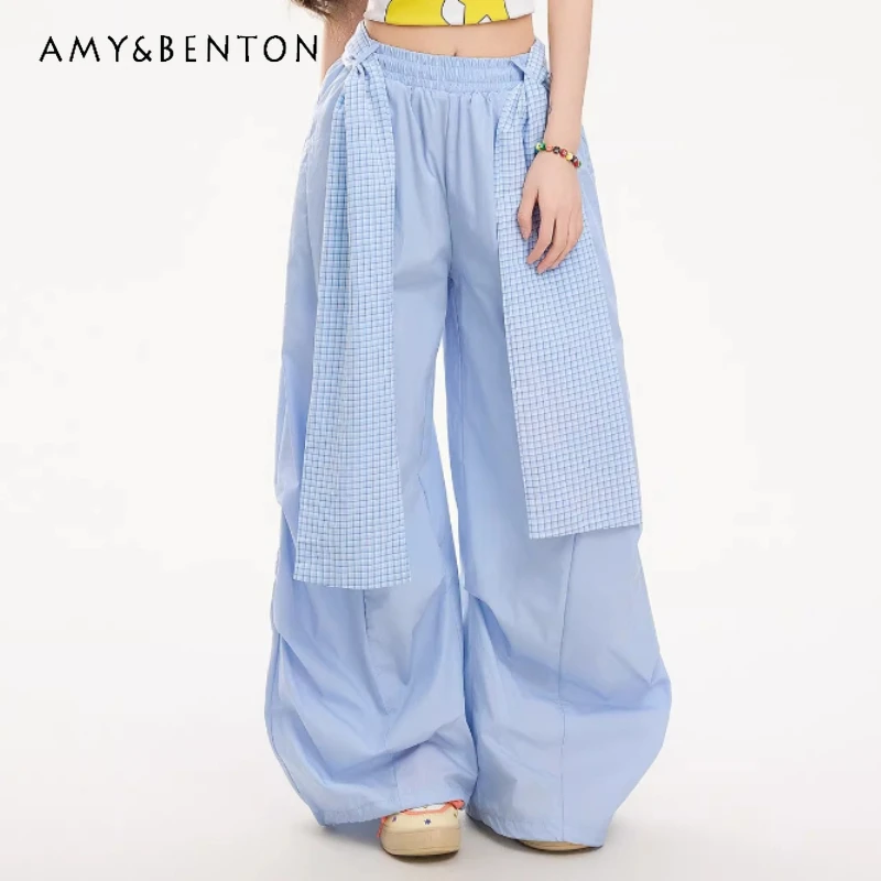 

Japanese Design Casual Plaid Belt Women's Trousers 2026 New High-waisted Sports Loose Y2k Wide-leg Floor-mopping Pants Ladies