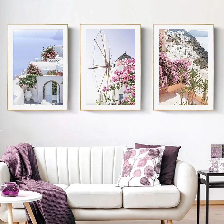 

Santorini Aegean Sea Tower Flowers Nature Wall Art Canvas Nordic Living Room Decor Poster Print