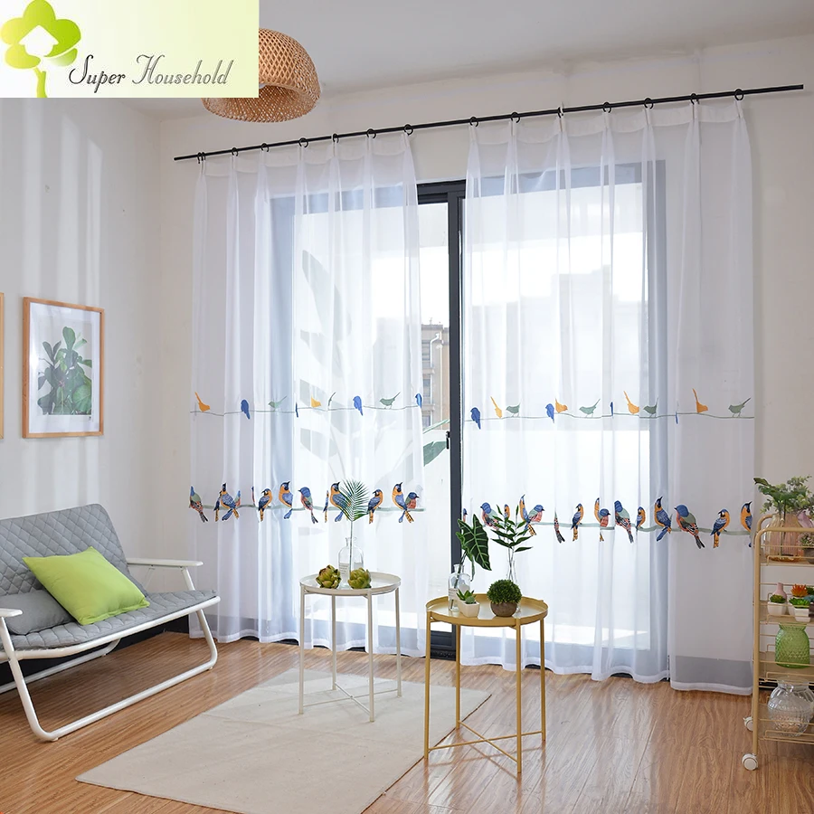 Modern Embroidered Bird Curtains Living Room Cotton Linen Window Tulle for Kid Bedroom Elegant White Sheer Curtain for Kitchen