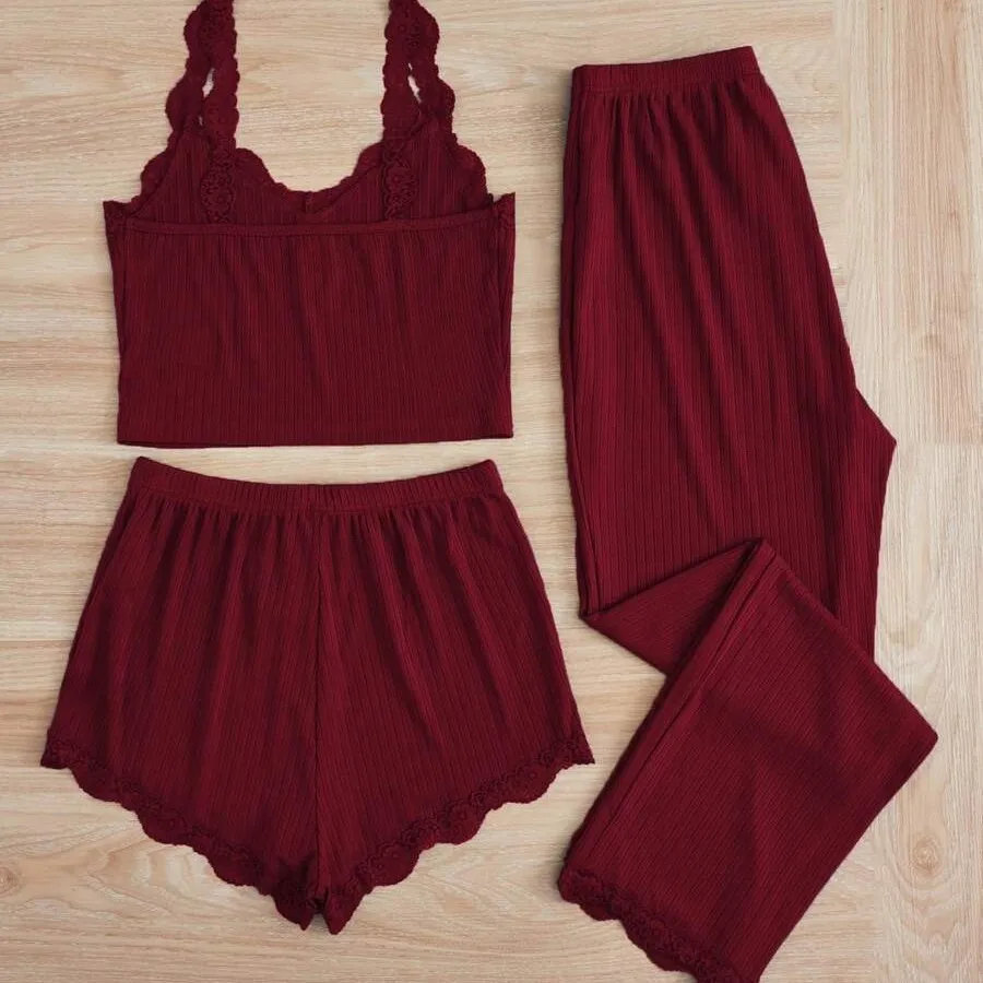 Women's Slim Three Piece Set European American Style Lace Sling Vest Long Shorts Comfortable Pajama Outerwear XL Size Solid