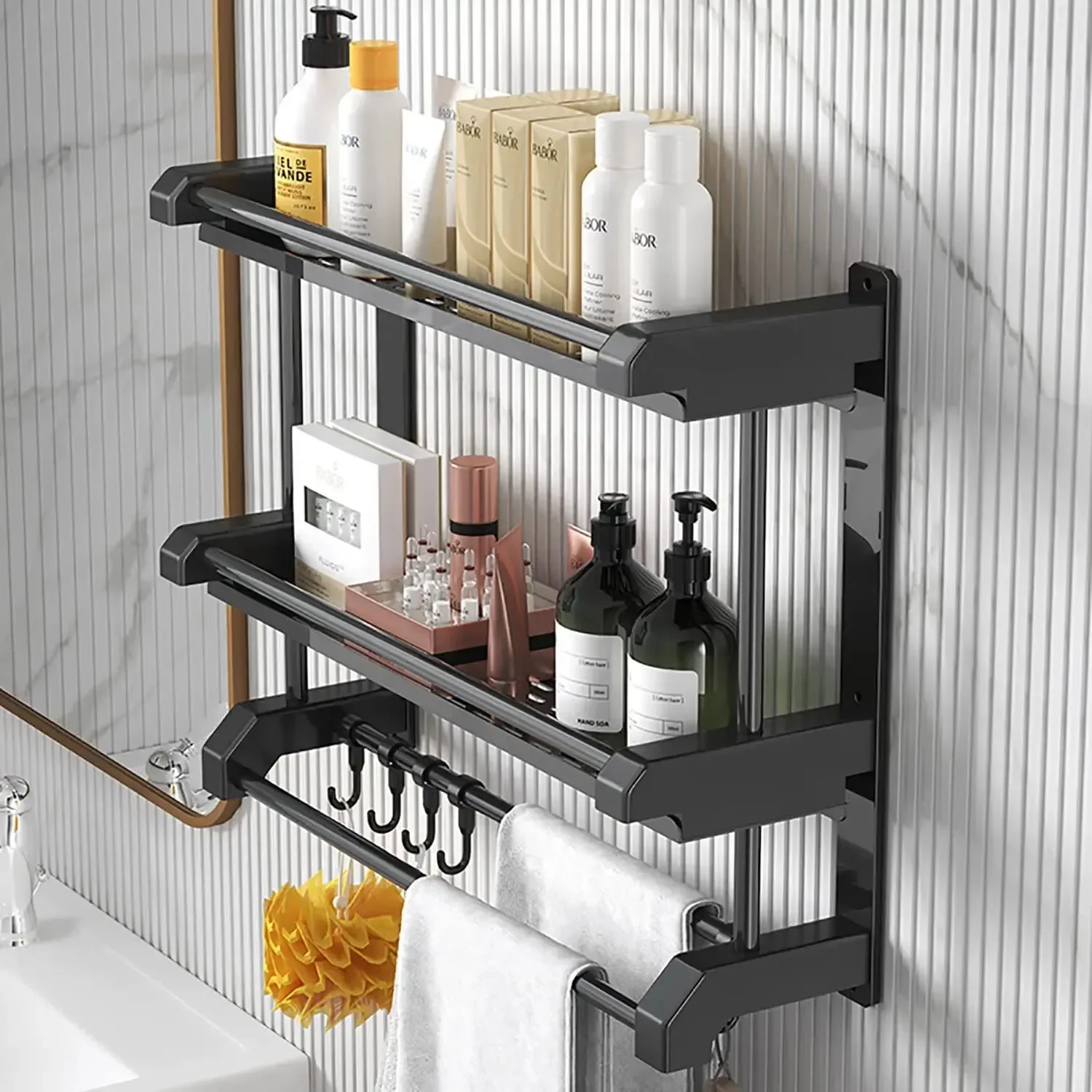 Bathroom Organizer and Storage,2 Layers Bathroom Shelves with Hooks,Bathroom Towel Bar Shelf,Wall Mounted Storage Shelf (Black)