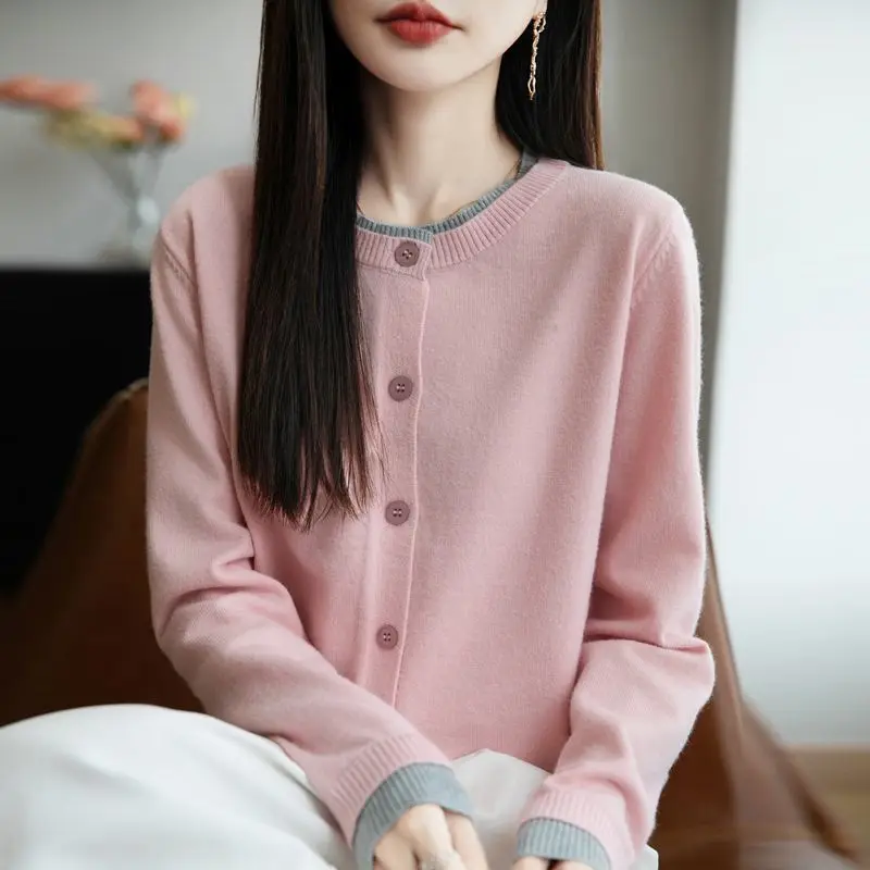 セーター レディース 新しいフェイクツーピースニット レディカーディガン 2026年秋冬 レディース シンプルなルーズセーター ラウンドネックトップ
