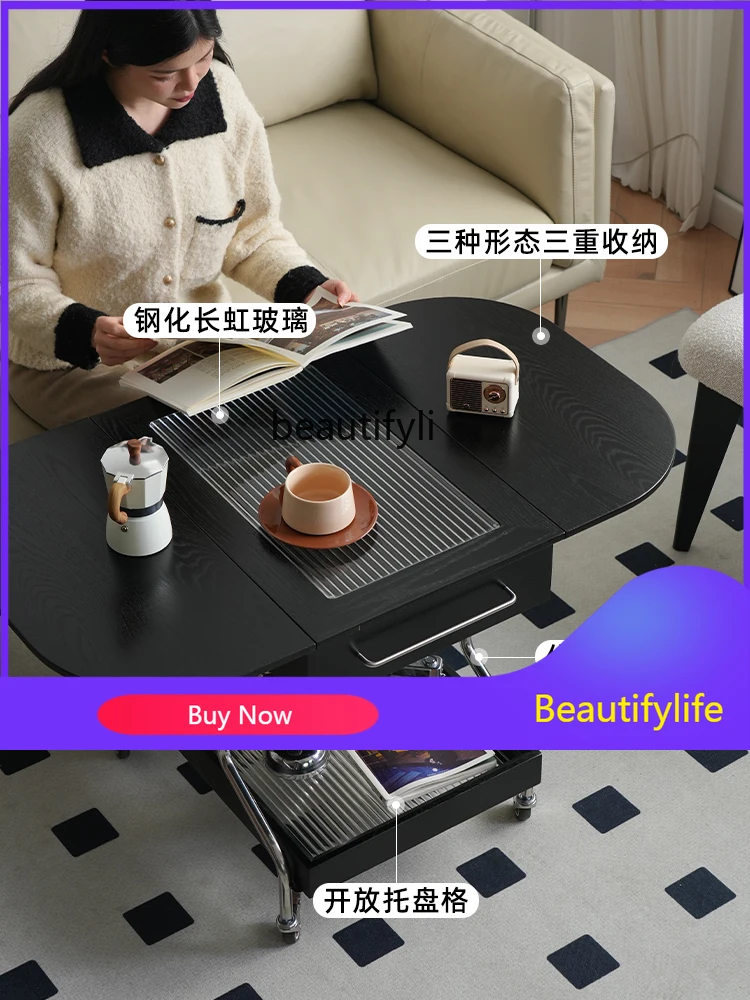 Portable Folding Coffee Table Nordic Solid Wood Small Apartment Living Room Cherrywood Sofa Side Table Trolley