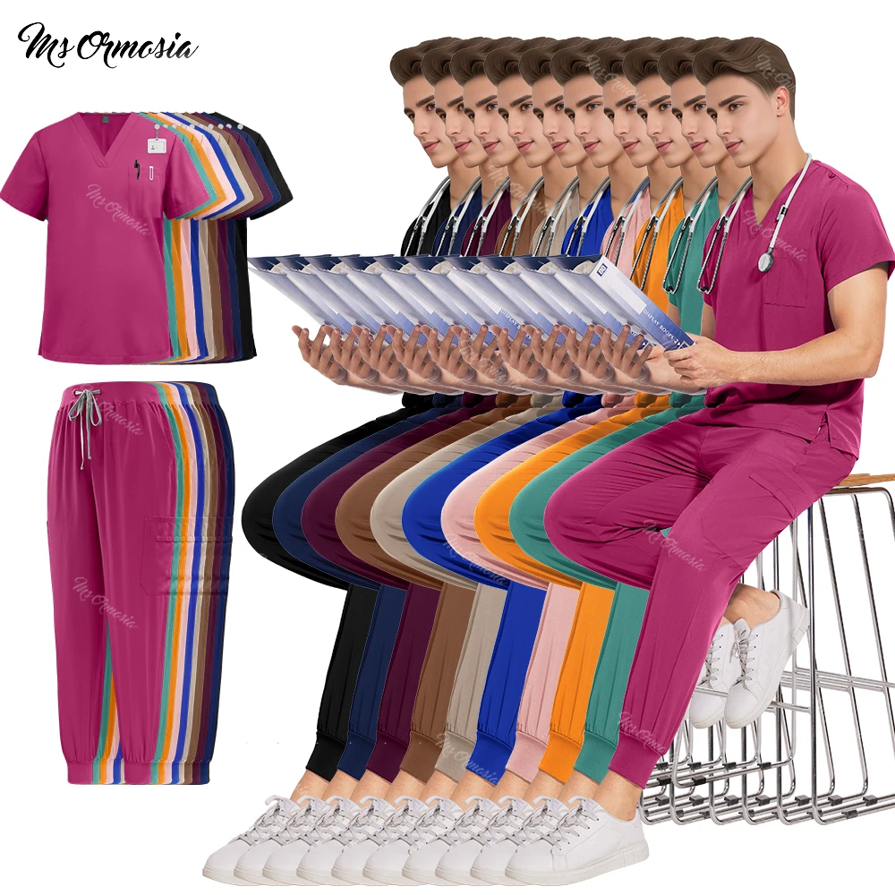 Seragam suster wanita lengan pendek leher V scrub Top CELANA Jogger Set scrub Medis wanita musim panas kasual Uniformes Clinicos Mujer