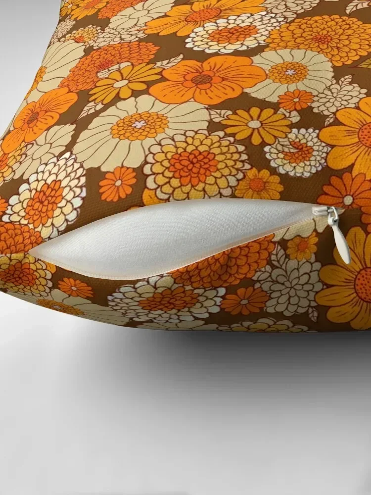 70s retro daisies, vintage flower power, orange and brown, boho, Throw Pillow Sofa Cushions Covers christmas supplies pillow