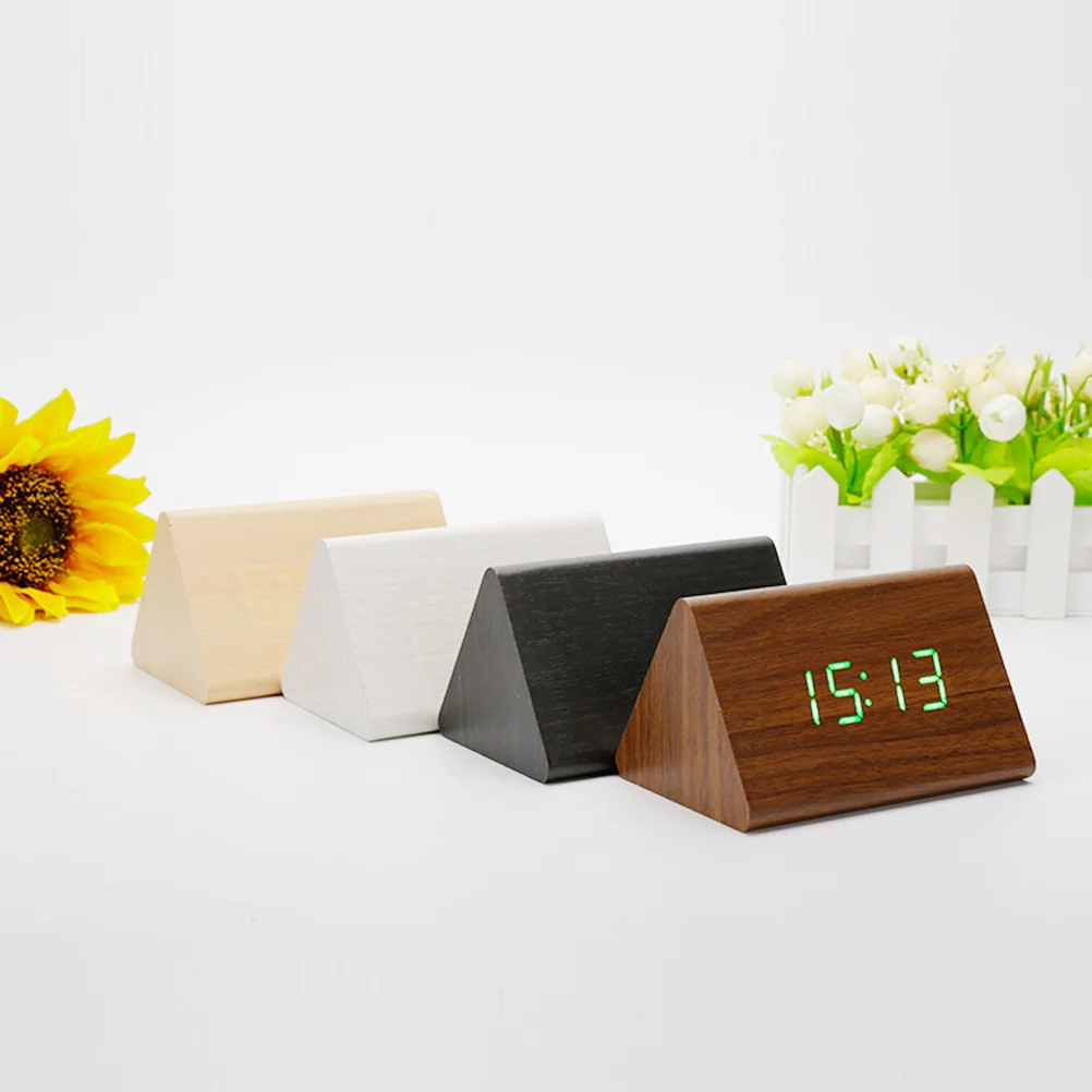 

Triangle LED Wooden Alarm Clock Light Brown Modern Desk Clock Thermometer Sound Control Indoor Temperature Display USB Cable