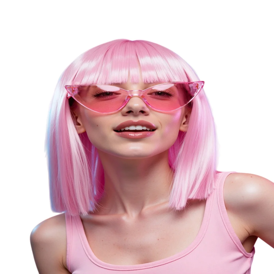 

Светло-розовый парик Боб с солнцезащитными очками, волосы до плеч, подходящие для женских веселых красочных ролевых костюмов.