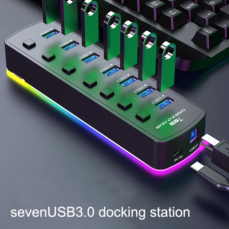 7-Port USB 3.0 Hub With Individual OnOff Switch, High-speed 5Gbps USB Splitter High-speed USB 3.0 Technology