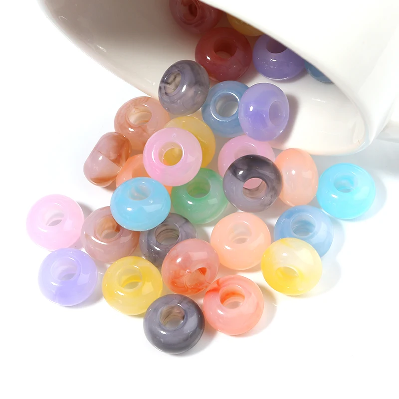 50pcs/lot 14x8mm Acrylic Big Hole Beads Colorful Flat Round Loose Spacer Bead For DIY Fashion Bracelet Necklace Jewelry Supplies