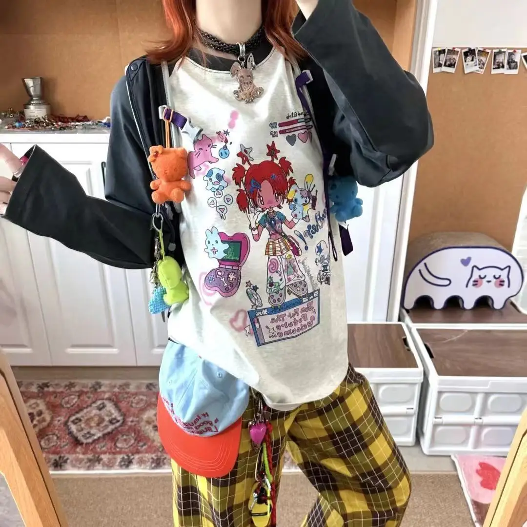 

Korejpaa American Style T-shirts Women Autumn New Cartoon Printed Long Sleeve Top Harajuku Aesthetic Clothes Street Tee Top