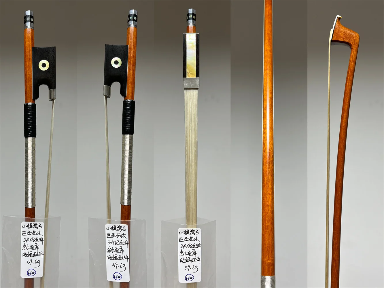 Arco de violín de madera de Pernam buco de alta gama, 59,6g, tamaño 4/4, pelo de caballo de Mongolia, montaje plateado, rana de ébano puro A110