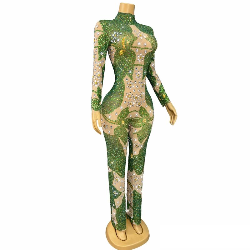 Jour de noël vert strass combinaison femmes Halloween discothèque DJ tenue Sexy pôle danse vêtements scène Rave porter XS10588