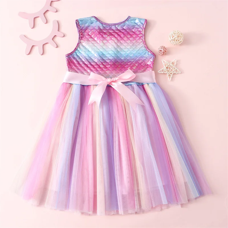 Girls Color Block Fish Scales Print Layered Hem Party Dress multi color dress