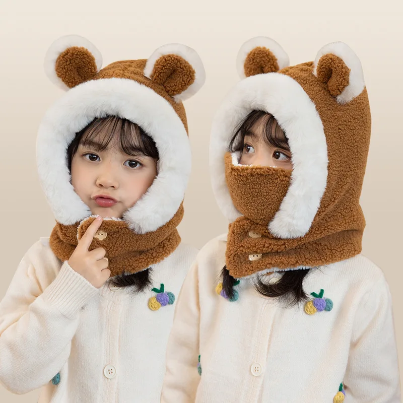 New Children\'s Hat Cartoon Bear Ear Flags Pullover Cap for Boys and Girls\' Baby Winter Hats Scarf Kids Plush Warm Cute Fur Cap