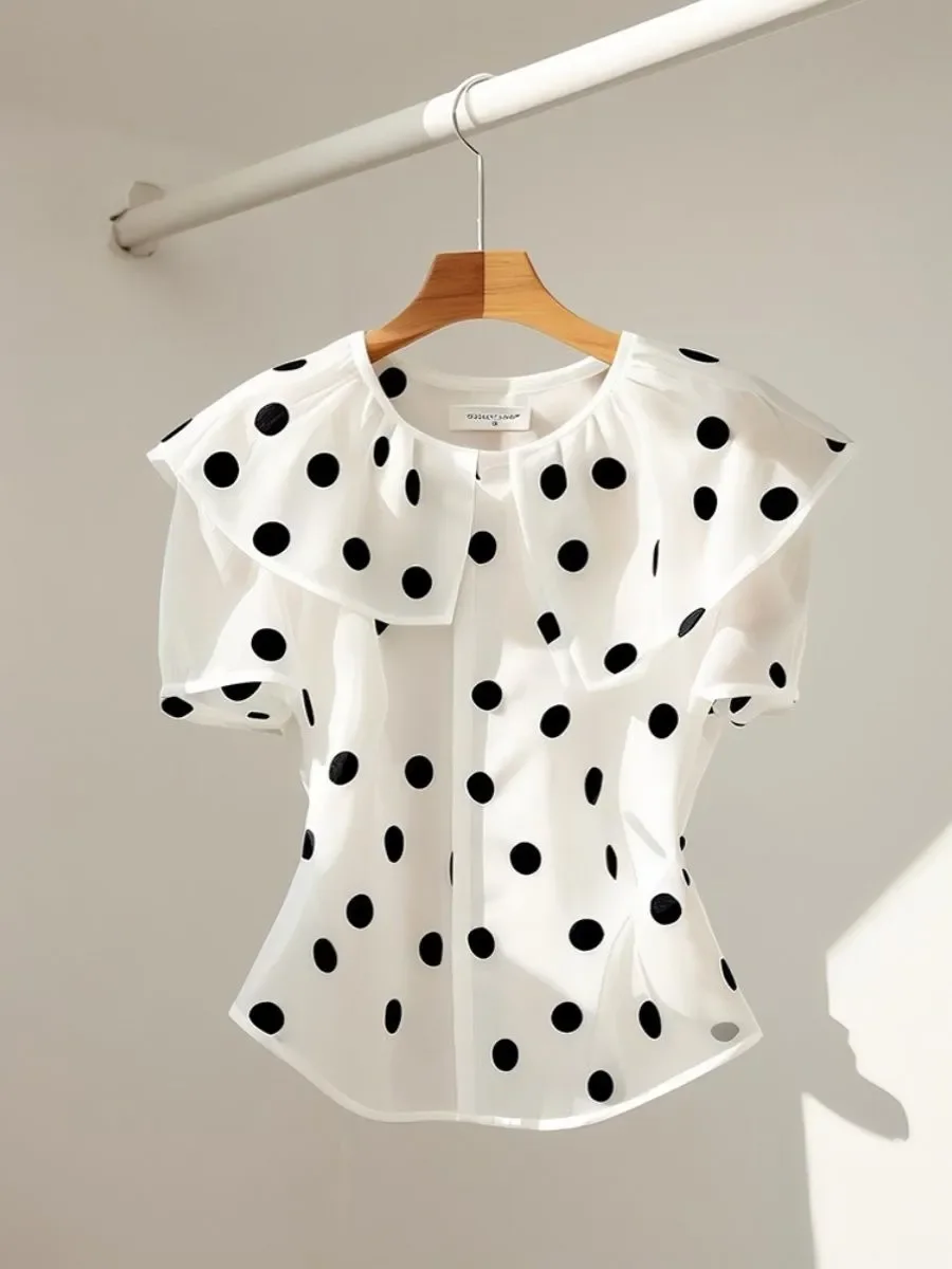 Korean Elegant Red Polka Dot Shirts for Women Office Lady Tops Summer French Fashion Ladies Tops Short Sleeve Blouse for Women