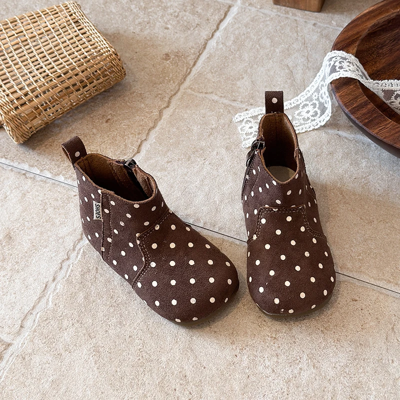 Girls' 2026 New Fashion Polka Dot Decorative Short Boots Spring and Autumn Leisure Flannel Retro Round-headed Bare Boots