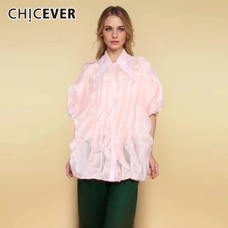 

CHICEVER Patchwork Ruffles Shirts For Women Lapel Short Sleeve Single Breasted Spliced Diamonds Loose Blouse Female Summer 2024