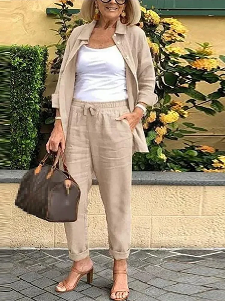 

Women Fashion Pocket Cotton Linen Sets Spring Summer Loose Long Sleeve Shirt Long Pants 2 Piece Sets Casual Office Ladies Suit