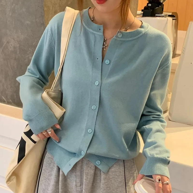 zjaiss 2026 Autumn Winter Solid Cropped Thin Sun Protection Long Sleeve Sweater Apricot O-Neck Knit Women Cardigan Outerwear