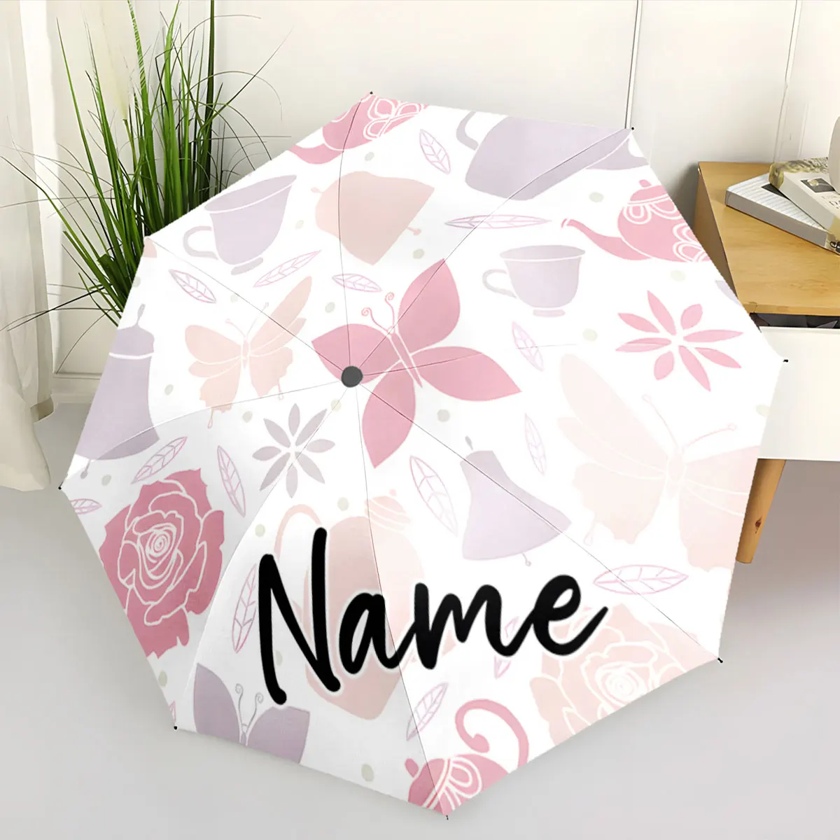 Custom Name Floral and Elegant Umbrella with Personalized Design Print 8 Iron Ribs Folding Umbrella Auto-Open Fashion Sunshade