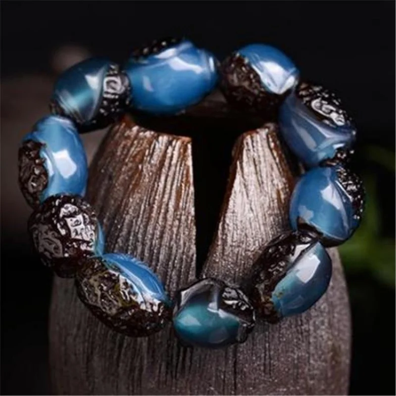 Authentic second-generation with old skin, unisex blue amber bracelet
