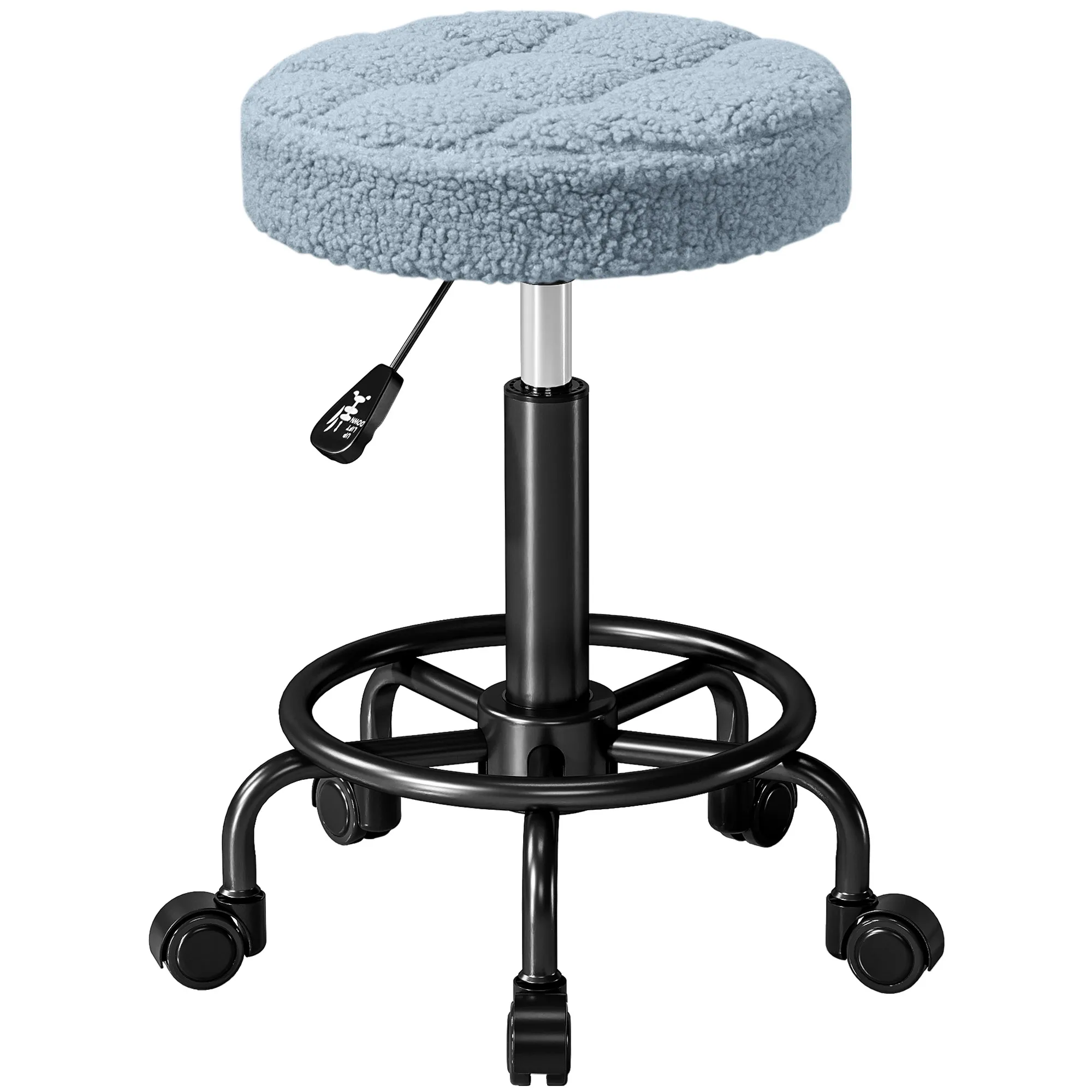 Taburete Giratorio Redondo Taburete con Ruedas Altura Regulable 50-66 cm Asiento Tapizado en Tejido de Borreguito Azul
