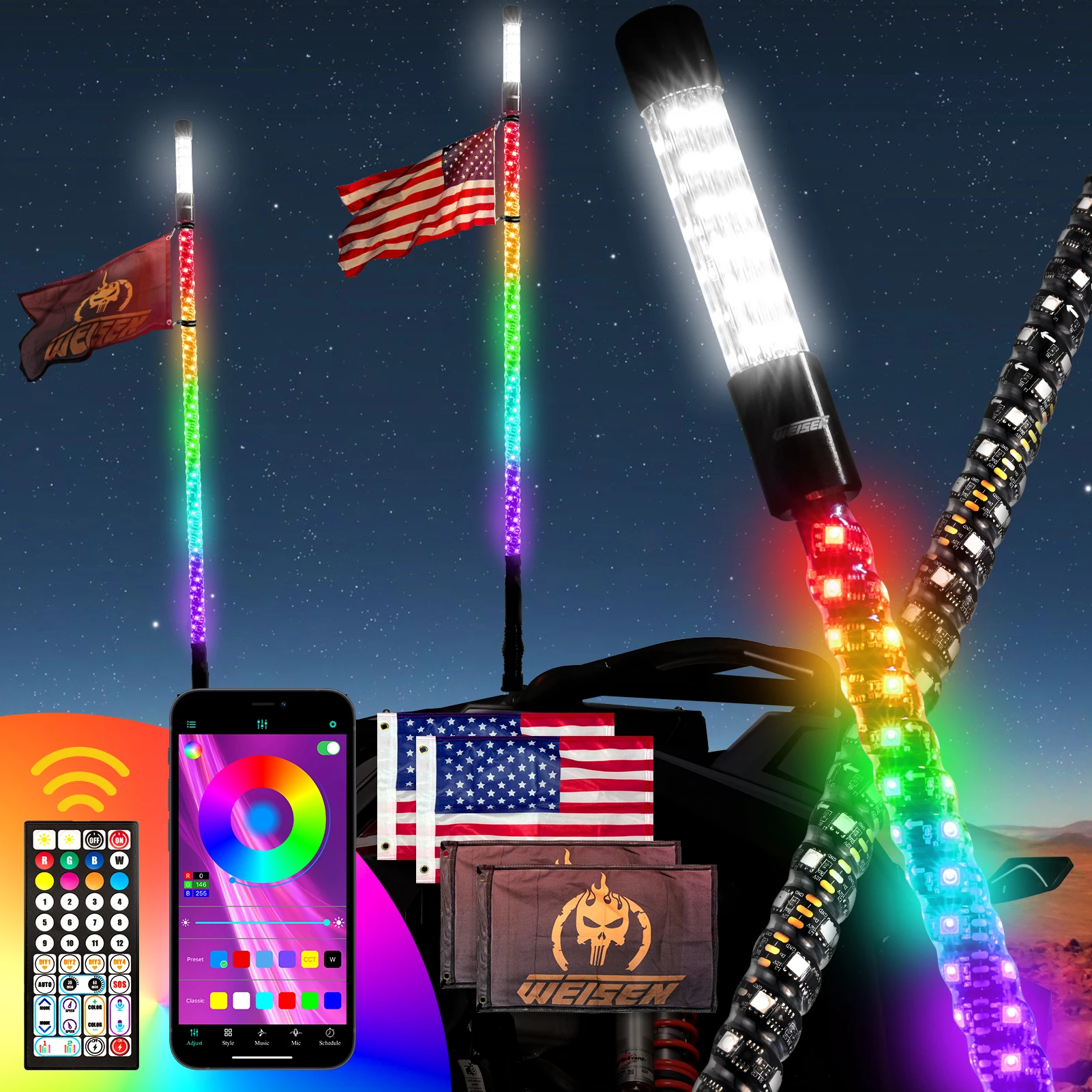 

2pcs 4FT LED RGB Whip Lights with Top Strobe with 300 Plus Light Mode for UTV ATV SUV RV Trailer Golf Cart Truck Motocycle Boat