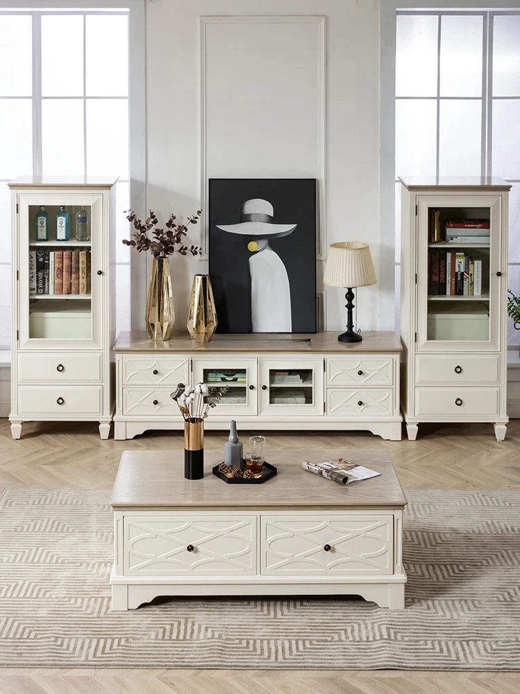 Pure Log TV Side Cabinet American Living Room Furniture Small Bookcase Advanced Gray White Color Matching