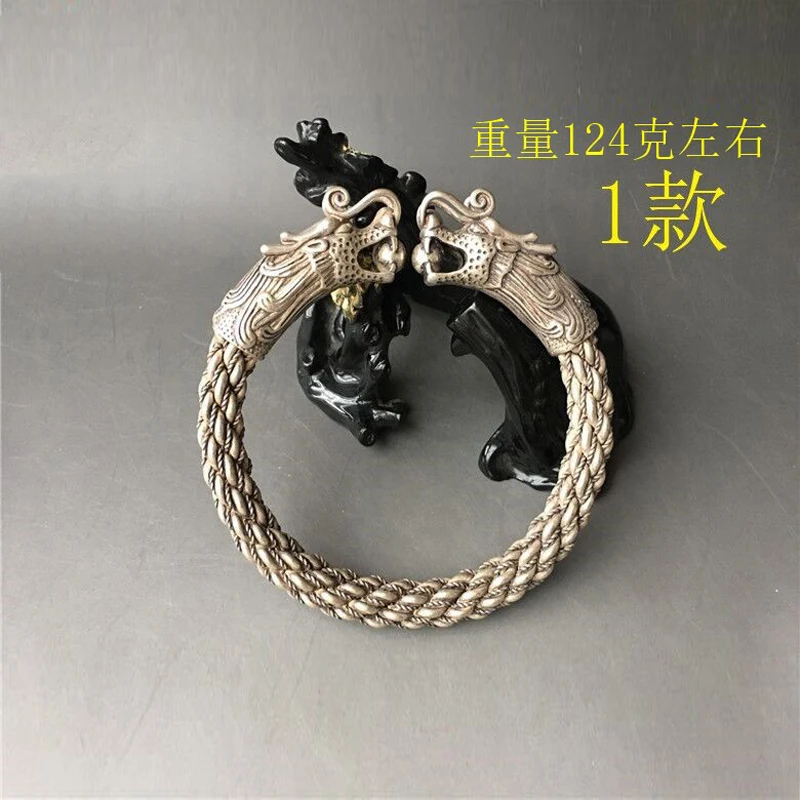 Chinese Rare Tibetan Silver Handmade Double Dragon Play Bead White Copper Bracelet Amulet Auspicious Men AndWomen Bracelet Statu