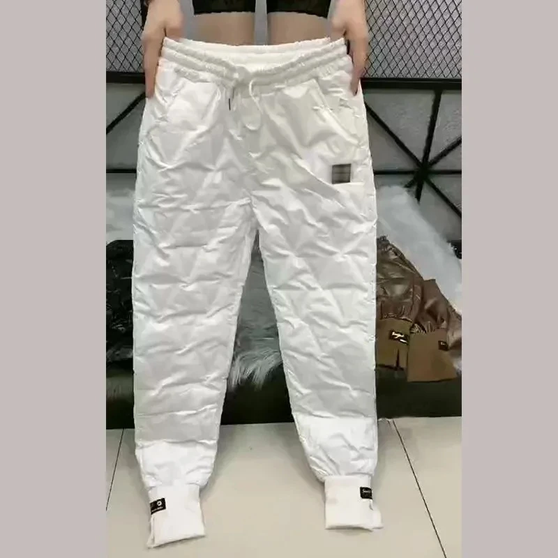 5XL Fashion Silver Lady Pants Autumn Winter Waterproof Gloss Soft Female Pants Warm Down Cotton Casual Women Trousers 2025 New
