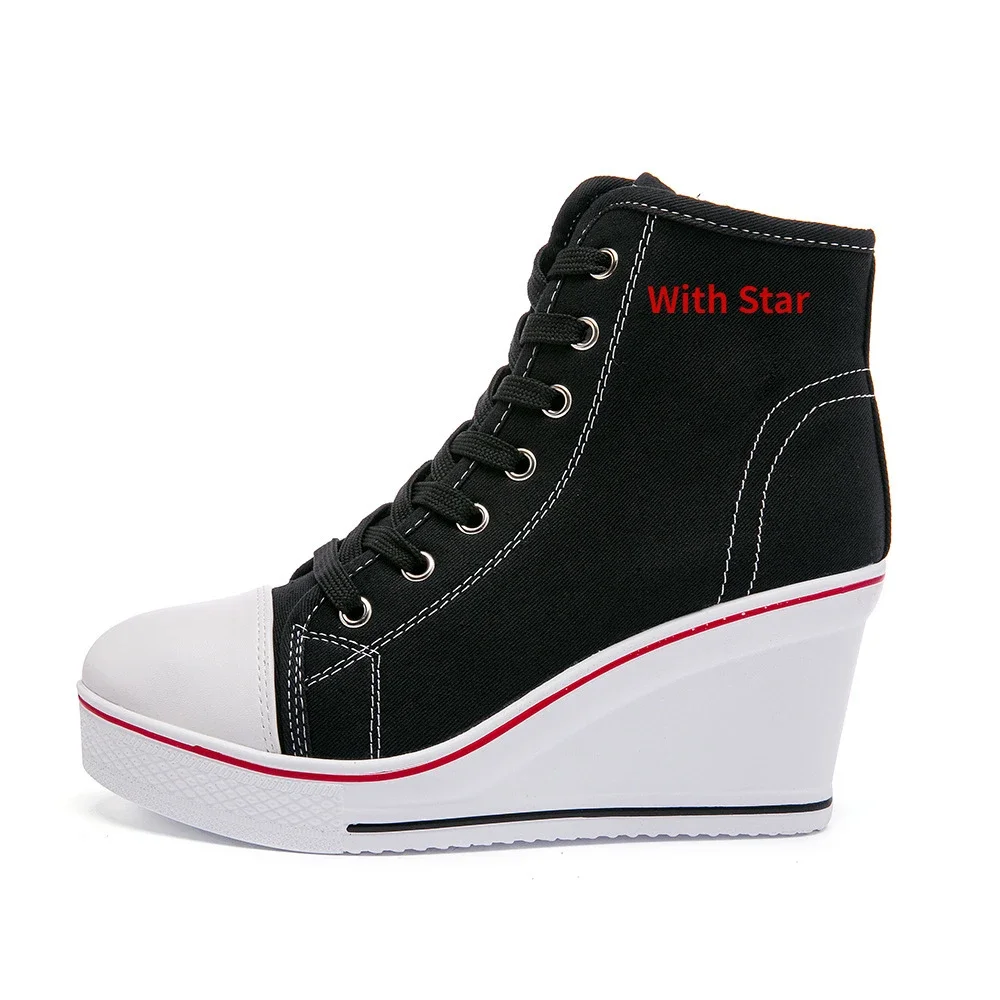 Women Wedges Badge High Top Platform Shoes Woman RED Black Casual Trainers Elevator Shoe High Heels Canvas Shoes Eur 35-43