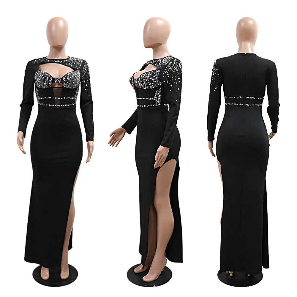 فساتين ضيقة أنيقة للنساء بياقة دائرية وأكمام طويلة وفتحة جانبية وفتحة جانبية بطول الأرض فستان سهرة فاخر للخروج والنوادي