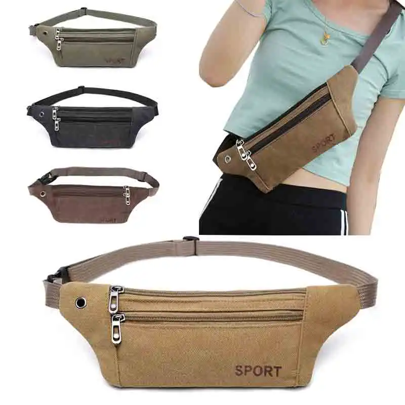 Men Running Purses Casual Durable Fanny Waist Pack Male Waist Bags Belt Canvas Hip Bum Bag Pouch Three Zipper Pocket