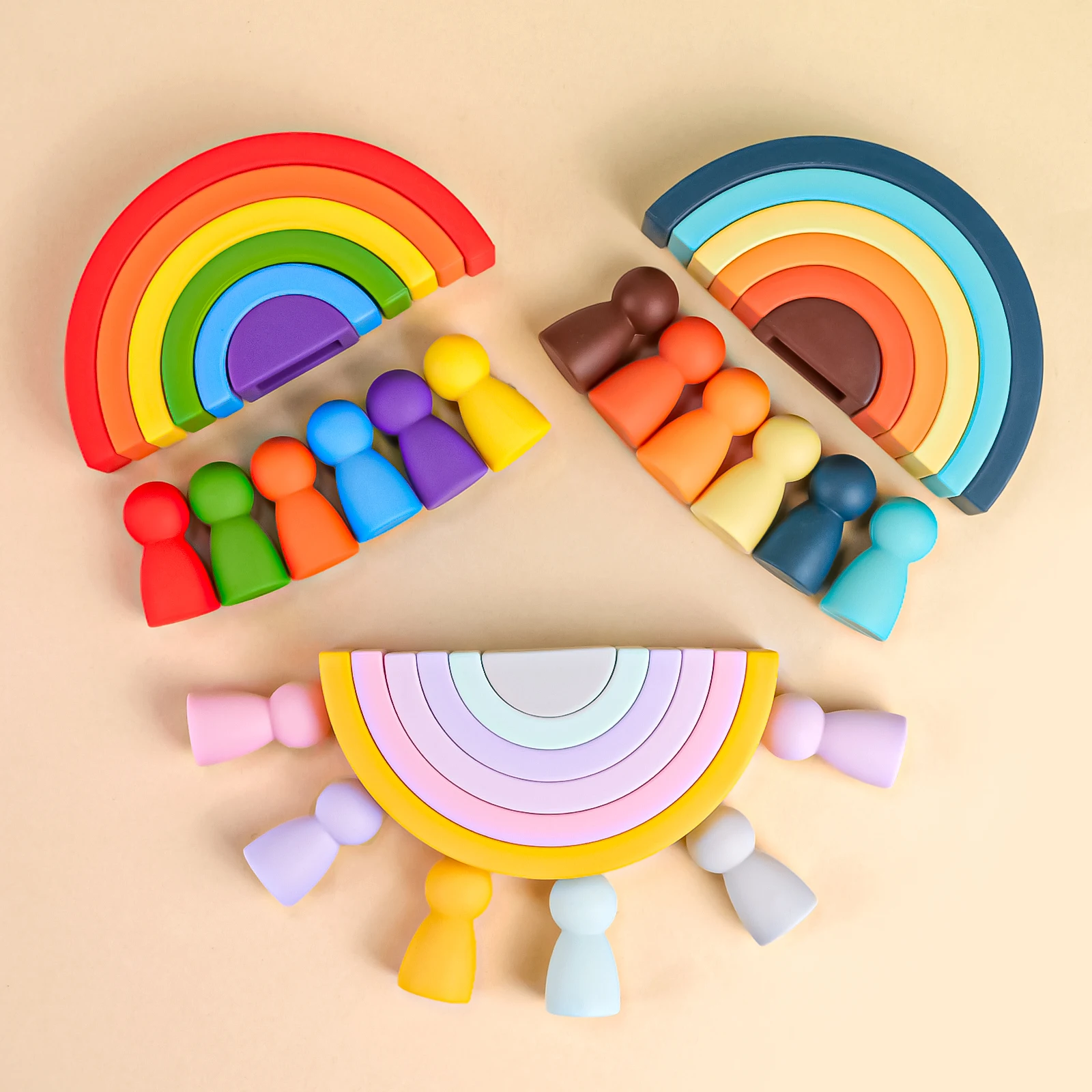Bloco de construção de arco-íris geométrico de silicone, mordedor de silicone sem bpa para bebês, brinquedos educativos montessori, bloco de empilhamento, presentes para bebês