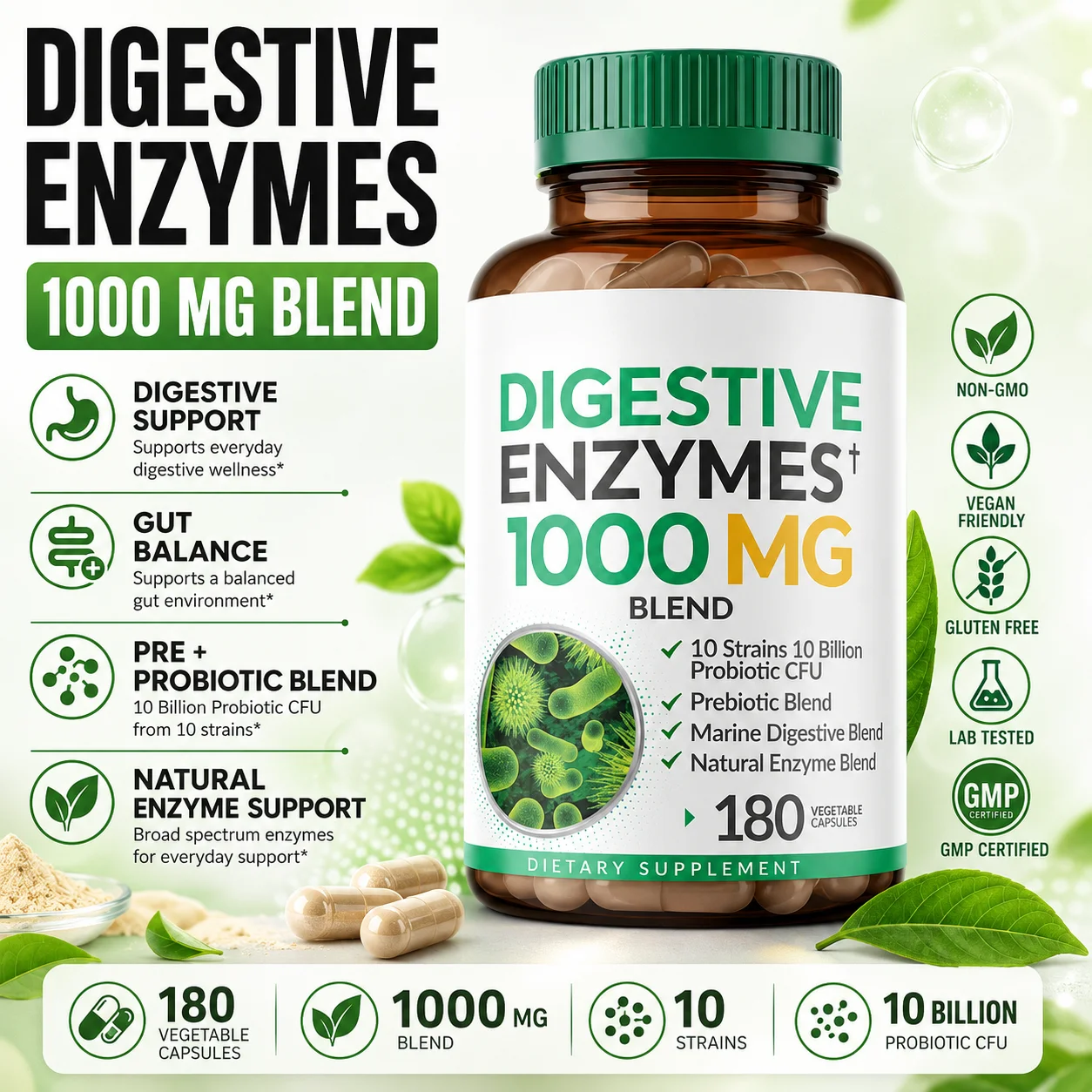 Digestive Enzyme Blend - Enzimi Digestivi 1000mg Miscela con Prebiotici